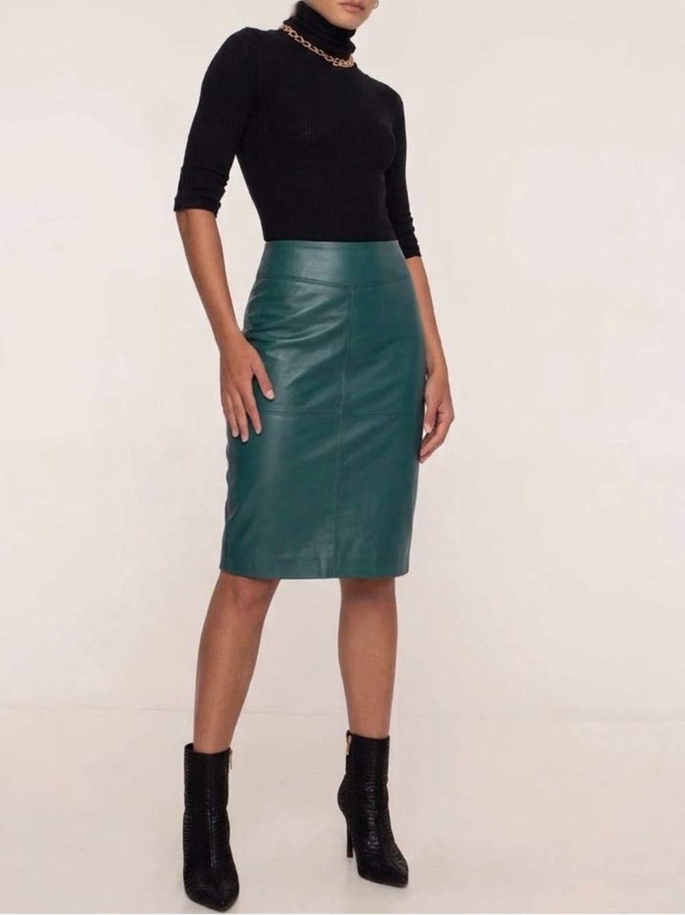 Express Teal Green Leather Midi Pencil Skirt